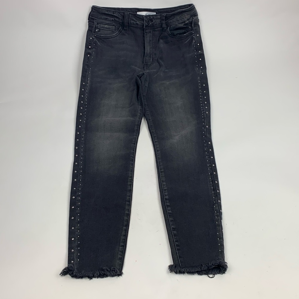 KanCan Faded Black Distressed Side Studs Raw Hem Jeans Sz 11/29 Stretch